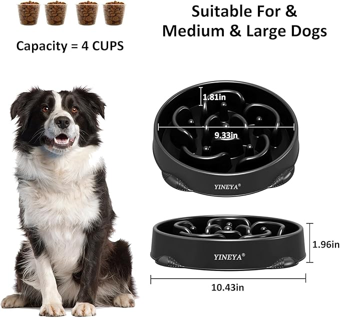 4 Cups Slow Feeder Dog Bowls Large Breed 1Pcs (Black)