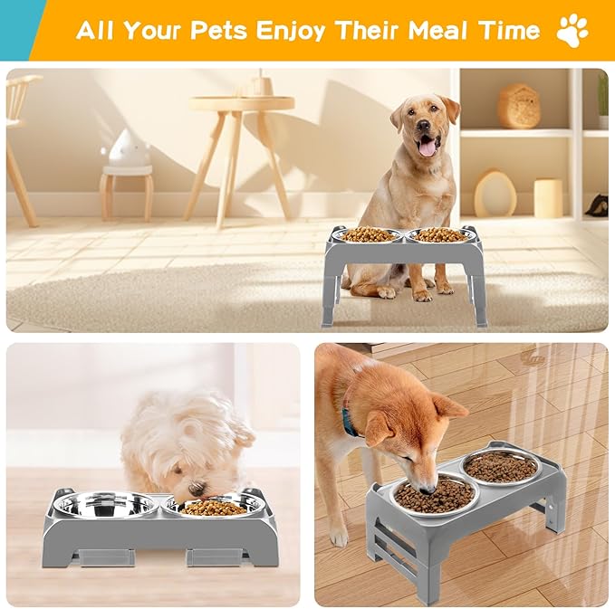Elevated Dog Bowls for Small Medium Dogs 3 Height Adjustable Raised Dog Bowl Stand with 2 Thick 6" Stainless Steel Dog Food Bowls Non-Slip Dog Feeder Adjusts to 2.75" 6", 7.5",