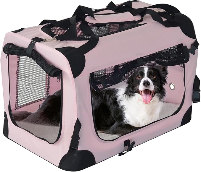PET Foldable Dog Crate Folding Soft Dog Crate with Carrying Bag Dog Home & Dog Travel Crate Indoor & Outdoor Pet Home (Pink L-30 L 20" W 19" H)
