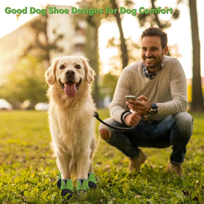 Dog Shoes, Outdoor Dog Boots Non-Slip Waterproof Dog Booties for Medium to Large Dogs 4Pcs for Winter Snowy Day, Summer Hot Pavement with Rugged Sole Green