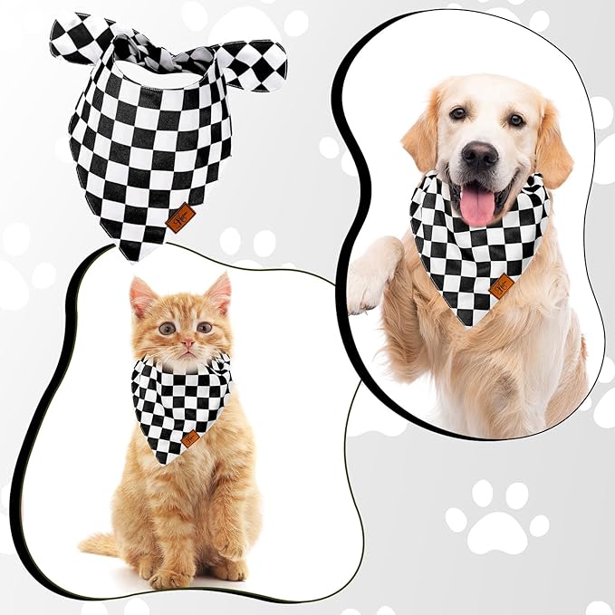 Black Checkered Dog Bandana Race Car Checkered Flag Fabric Pet Scarf Medium Sizes Adjustable Pet Neckerchief Dog Bibs for Cat Dog Birthday Costume Accessories