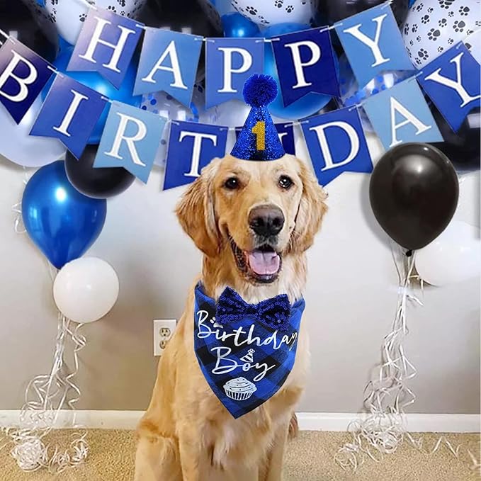 Dog Birthday Party Supplies, LMSHOWOWO Reusable Dog Birthday Bandana Set, Blingbling Dog Birthday Hat Bow Tie Numbers for Medium Large Dogs Pets Birthday Decorations (Blue, Large)