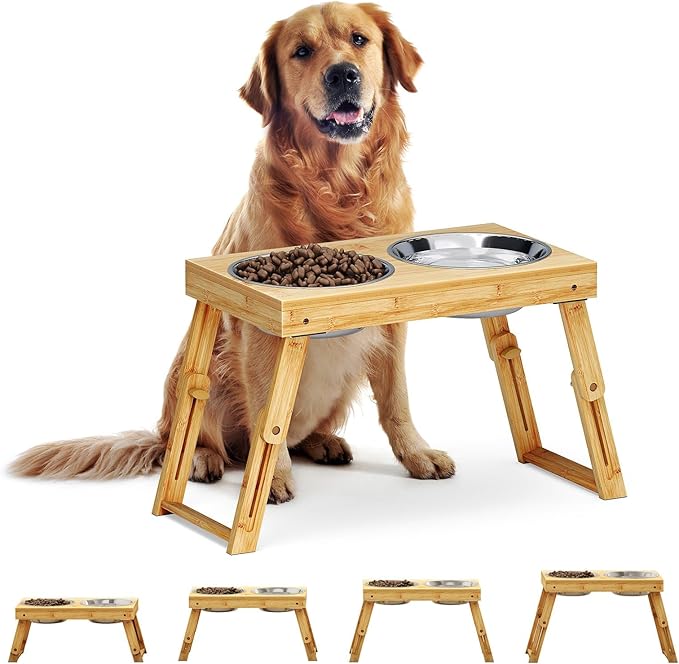 Zarler Bamboo Elevated Dog Bowls 7.5'' - 11.5'' Adjustable 2 1200ML