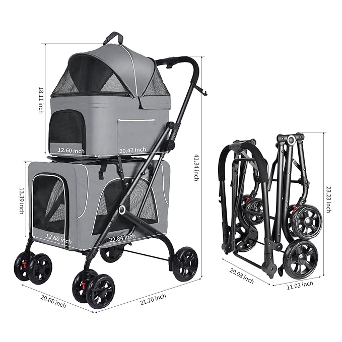 Double Pet Stroller with 2 Detachable Carrier Bags
