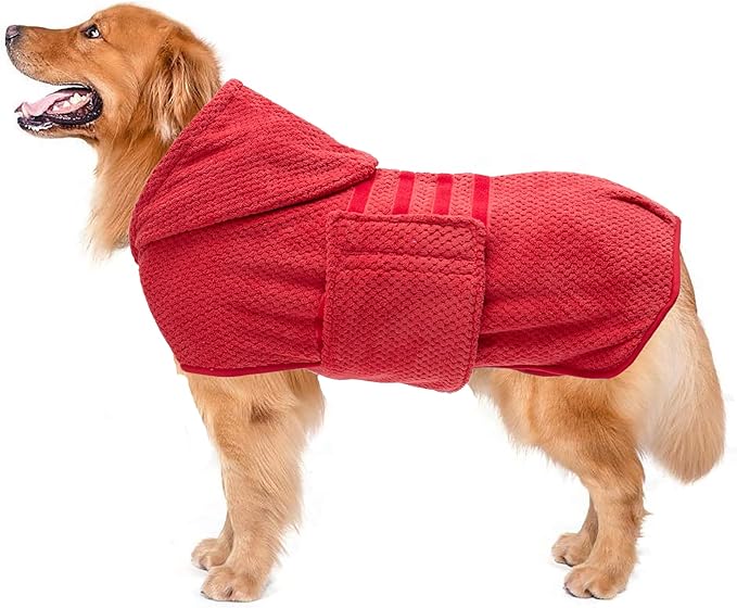 Geyecete Dog Drying Coat with Hood for After Drying-Red-3XL