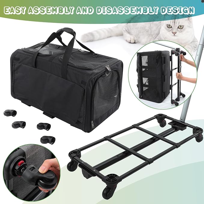 2 Set Double Cat Carrier with Wheel 2 Cats,Rolling