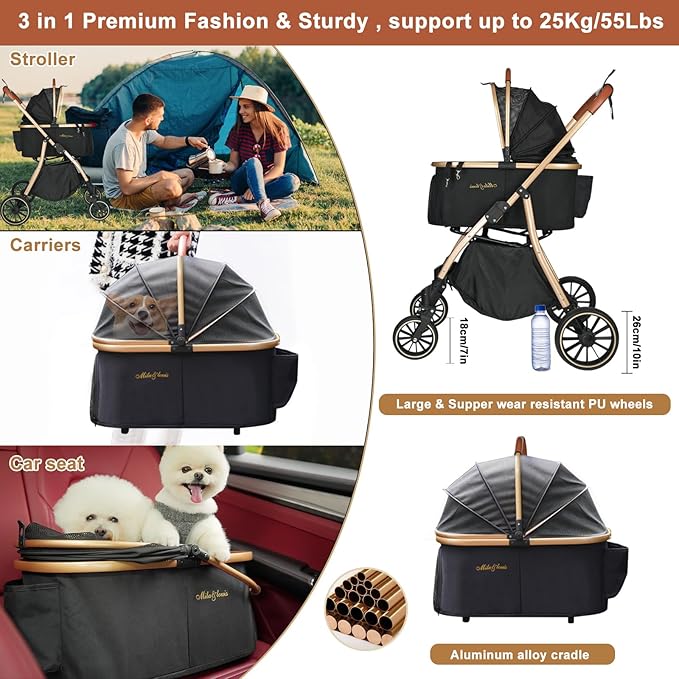 MILA&LOUIS 3 in 1 Folding Dog Stroller 4 Wheels 30lbs, Dog