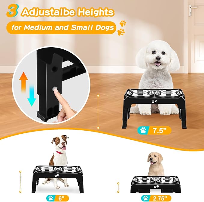 Elevated Dog Bowls for Small Medium Dogs 3 Height Adjustable Raised Dog Bowl Stand with 2 Thick 6" Stainless Steel Dog Food Bowls Non-Slip Dog Feeder Adjusts to 2.75" 6", 7.5",