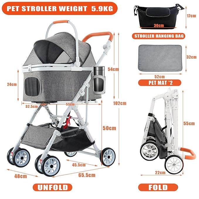 Pet Stroller 33 Lbs,Adjustable Handle,180˚ Convertible