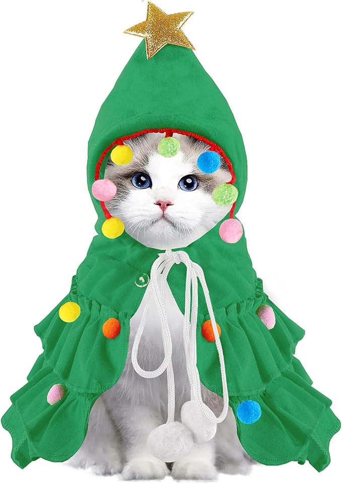 Cat Christmas Outfit Green Pet Cloak with Hat