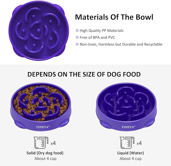 4 Cups Slow Feeder Dog Bowls Large Breed 1Pcs (Purple)