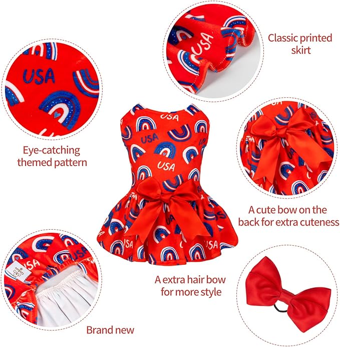 CuteBone Dog Dresses Velvet 4th of July Small Dogs Clothes Onesie Pet Apparel Girl Puppy Skirt with Bow Hair Rope CVA37M