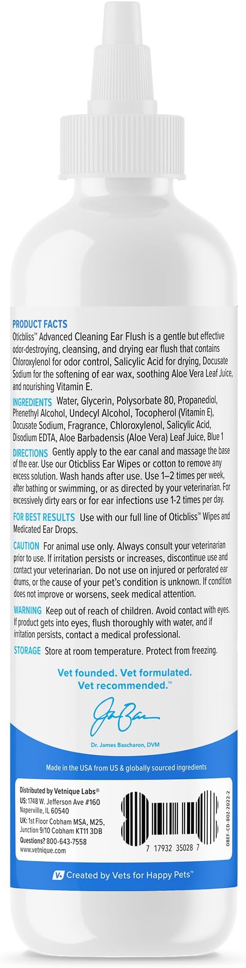 Vetnique Labs Oticbliss Ear Cleaner Wipes/Flushes for Dogs & Cats with Odor Control and Itch Relief Reduces Head Shaking