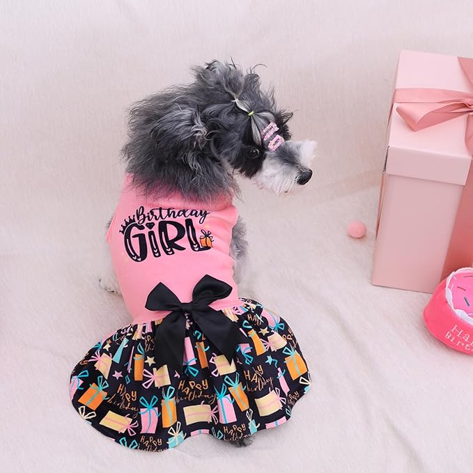 CuteBone Birthday Dog Dresses Velvet Holiday Small Dogs Clothes Onesie Pet Apparel Girl Puppy Skirt with Bow Hair Rope CVA48XS-D