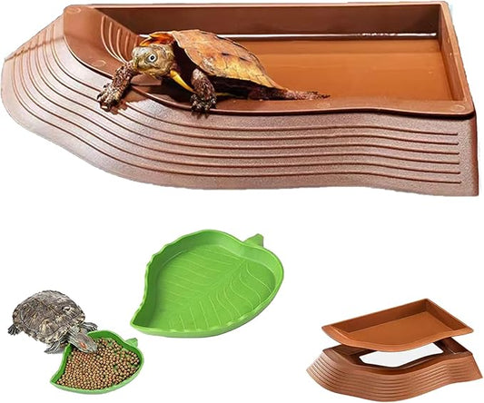 3PCS Tortoise Food Water Bowls with Ramp Leaf Tortoise Food Dish Reptile Food Water Bowls Reptile Bathing Pool Aquarium Ornament for Gecko