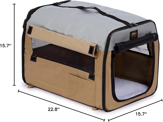 PET LIFE 'Easy Folding' Zippered Folding Collapsible Wire Framed Lightweight Pet Dog Crate Carrier, Small, Khaki