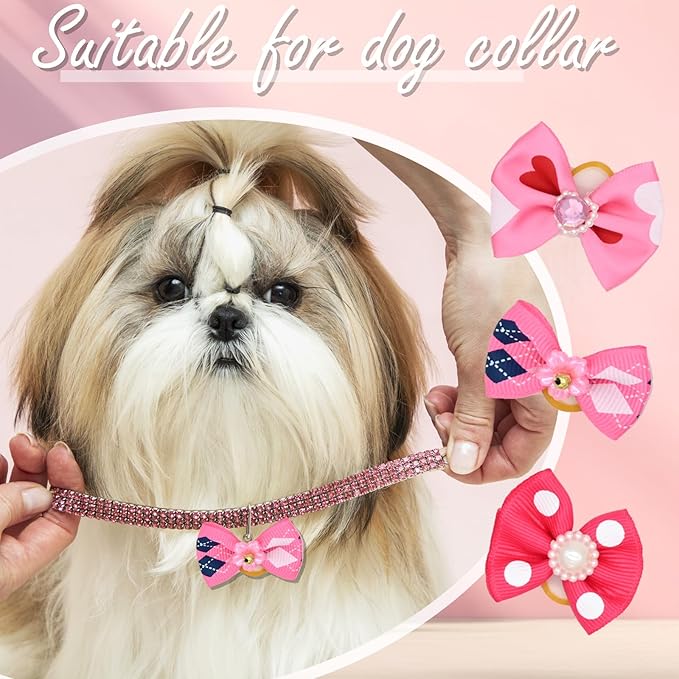12 Pcs Small Dog Hair Bows with Rubber Bands Bowknot Dog Hair Accessories for Puppy Kitten (Pink)
