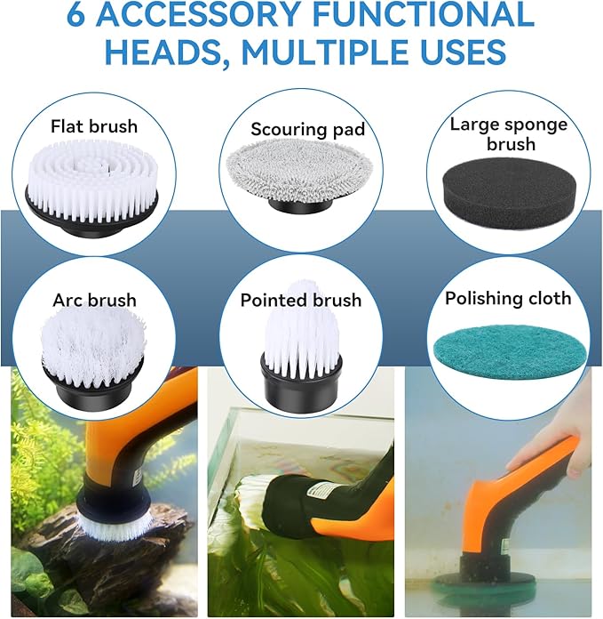 hygger IPX8 Electric Aquarium Cleaning Brushes 6 Replaceable 2 Speeds