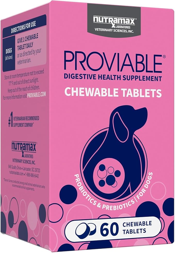 Nutramax Laboratories Proviable Digestive Health Supplement Multi-Strain Probiotics and Prebiotics for Dogs 7-Strains of 60 Chewable