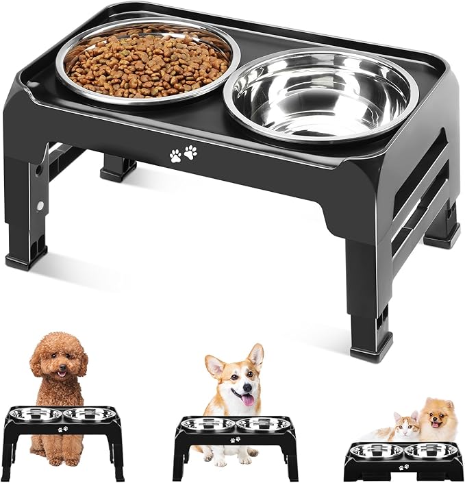Elevated Dog Bowls for Small Medium Dogs 3 Height Adjustable Raised Dog Bowl Stand with 2 Thick 6" Stainless Steel Dog Food Bowls Non-Slip Dog Feeder Adjusts to 2.75" 6", 7.5",