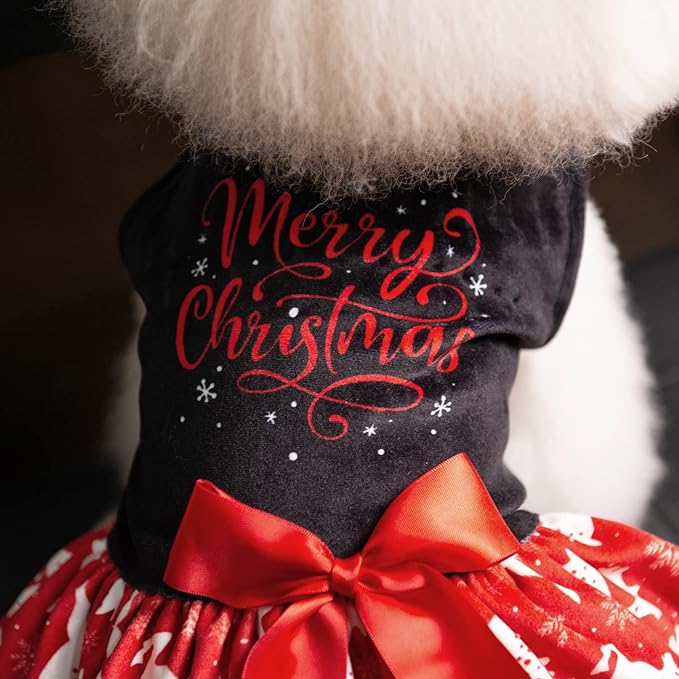 CuteBone Merry Christmas Dog Dress Velvet for Small Dogs Girl Reindeer Puppy Dresses Red Dog Clothes CVA04S-D
