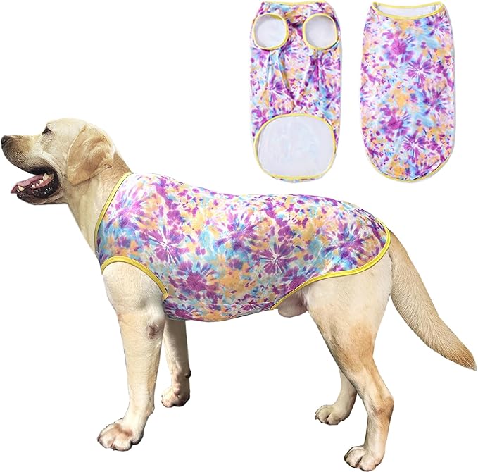 Dog Tie dye Sleeveless T Shirt Purple Yellow Printed Dogs Vest Shirt Pajamas Breathable Stretchy Summer Clothes for Large Dog Boys Girls(Large,Purple)