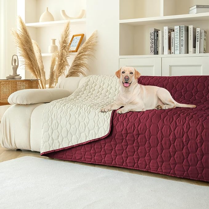 Waterproof Pet Blankets Dog Bed Cover for Pets Reusable Furniture Protector (Burgundy+Ivory 82"x102")