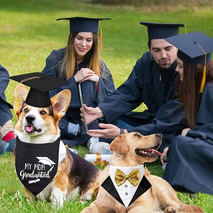 Pet Graduation Cap Dog Bandanas Collar Costume 3Pack Graduation Hat Triangle Scarf Grad Outfit Accessory for Dogs Cat Formal Tux Clothes with Bowtie Holiday Party Apparel (3PCS Gard Tux Set