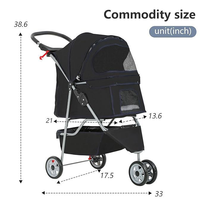 FDW Pet Stroller Foldable Dog Stroller 3-Wheel Durable Cat Jogger Stroller for Small and Medium Dogs Cats with Washable Liner Storage Basket Cup Holder