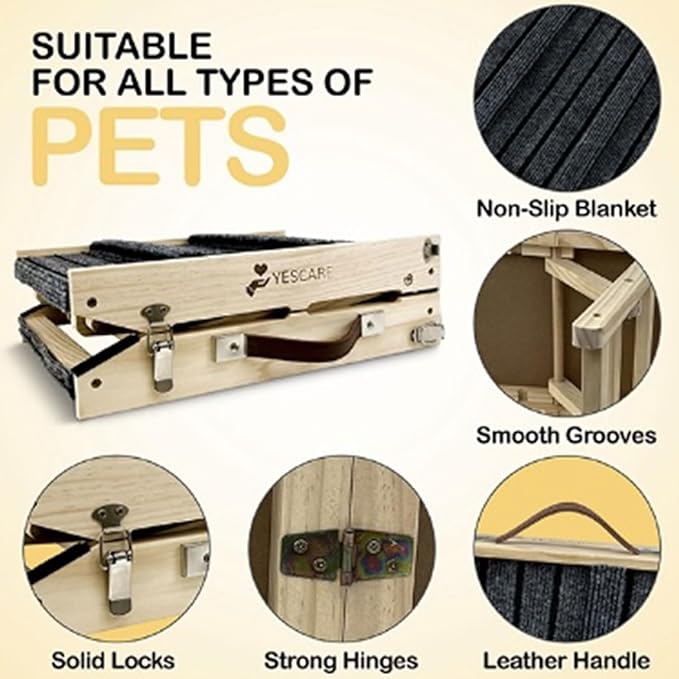 Folding Pet Ramp with Crossbars for Small Dogs and Cats Plus Toy Disc 19" Adjustable 50lbs Also 4 Levels