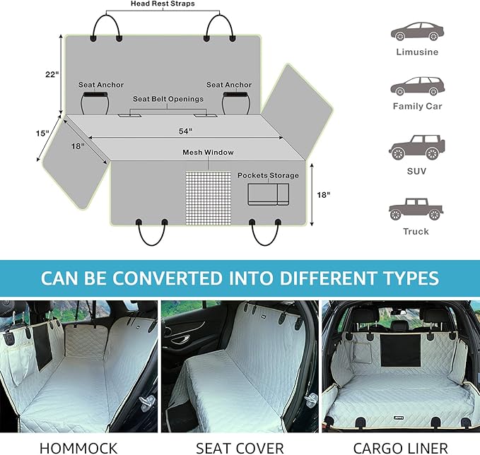 Lassie Dog Car Seat Covers for Back Seat Waterproof with Mesh Visual Window Durable Scratchproof Nonslip Dog Car Hammock with Universal Size Fits for Cars