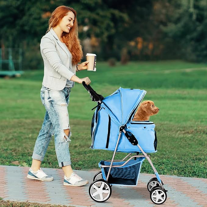 Pet Stroller for Small Dogs and CatsQuick-Folding Portable Travel Cat Dog Stroller with Storage Basket and Cup Holder 4 Wheels,