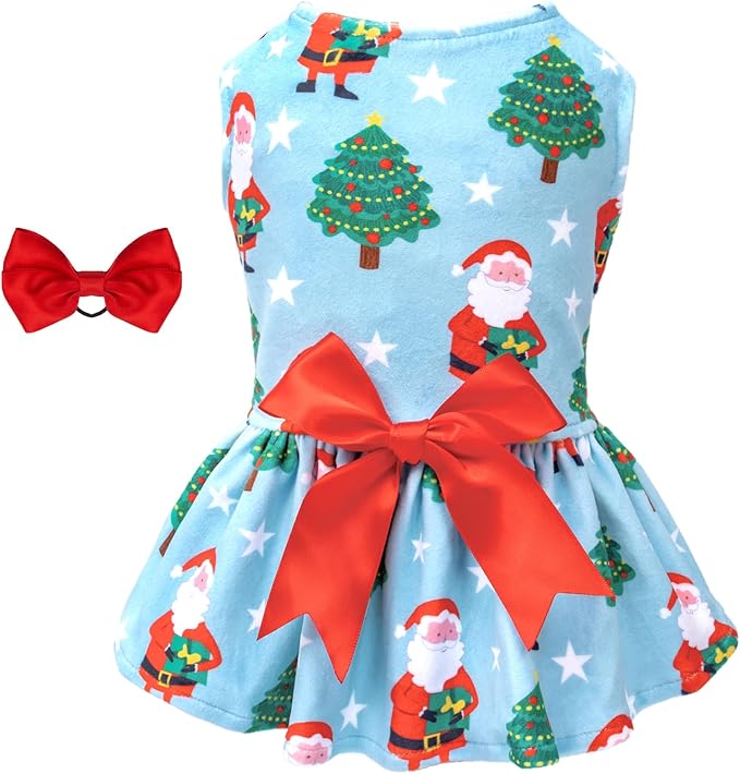 CuteBone Dog Dresses Velvet Holiday Small Dogs Clothes Onesie Pet Apparel Girl Puppy Skirt with Bow Hair Rope CVA34XS