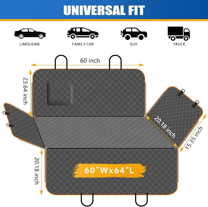 Dog Car Seat Cover for Back Seat Dog Seat Cover with Storage Pocket Dog Hammock Protects Against Dirt Dog Seat Covers for Cars Scratch Prevention Fits for SUVs and Trucks 60"x 64"