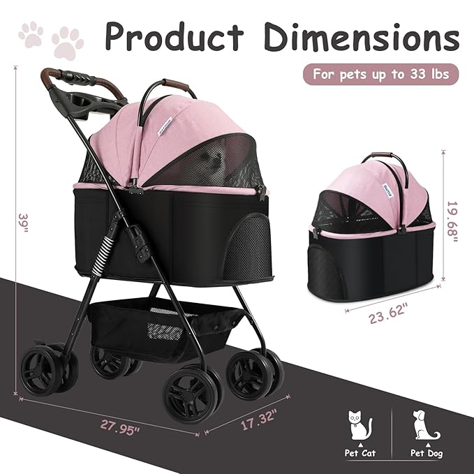 SWITTE Dog Stroller 3 in 1 Folding Pet Stroller 4 Wheels