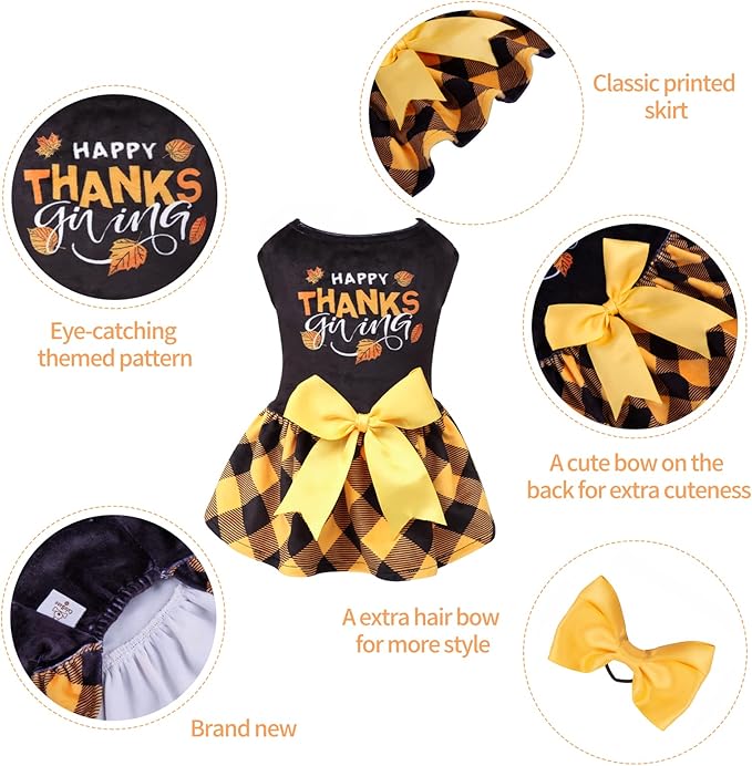 CuteBone Happy Thanksgiving Day Dog Dress Velvet for Small Dogs Girl Puppy Dresses Yellow Plaid Dog Clothes CVA03XXS-D