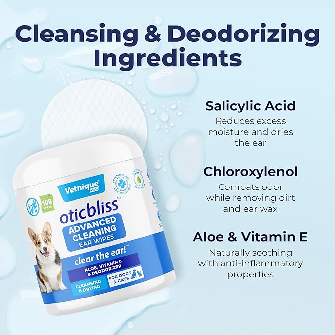 VETNIQUE Oticbliss Advanced Cleaning Ear Wipes for Dogs & Cats for Odor Control 100ct Wipes