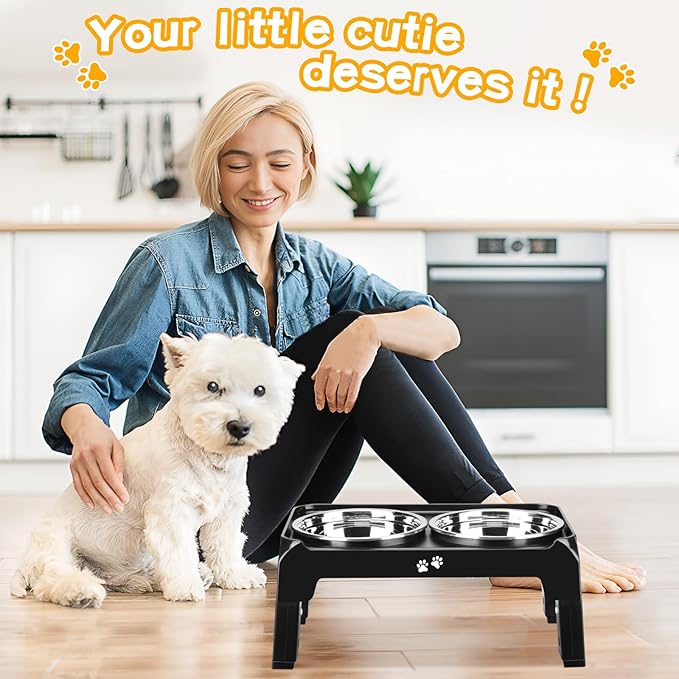 Elevated Dog Bowls for Small Medium Dogs 3 Height Adjustable Raised Dog Bowl Stand with 2 Thick 6" Stainless Steel Dog Food Bowls Non-Slip Dog Feeder Adjusts to 2.75" 6", 7.5",
