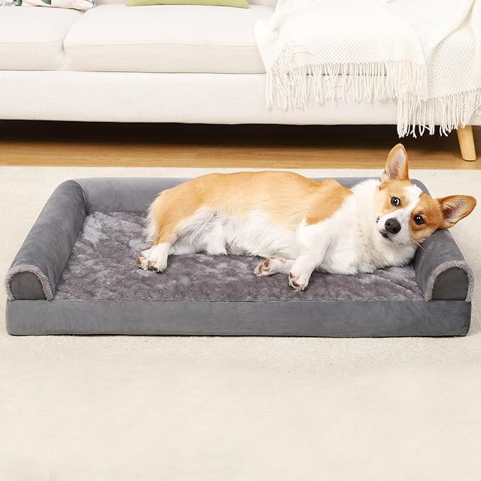 Orthopedic Dog Bed Washable Large Dog Bed Waterproof Dog Beds Large Sized Dog Couch Egg Foam Dog Crate Bed with Removable Bolsters & Nonslip Bottom 35" x 22" x 6", Grey
