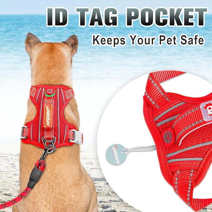 BARKBAY No Pull Dog Harness Large Step in Reflective Dog Harness with Front Clip and Easy Control Handle for Walking Training Running with ID tag Pocket(Red