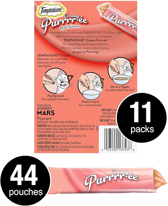 Temptations Creamy Puree with Salmon Lickable 0.42oz Pouches, 4 Count 11)