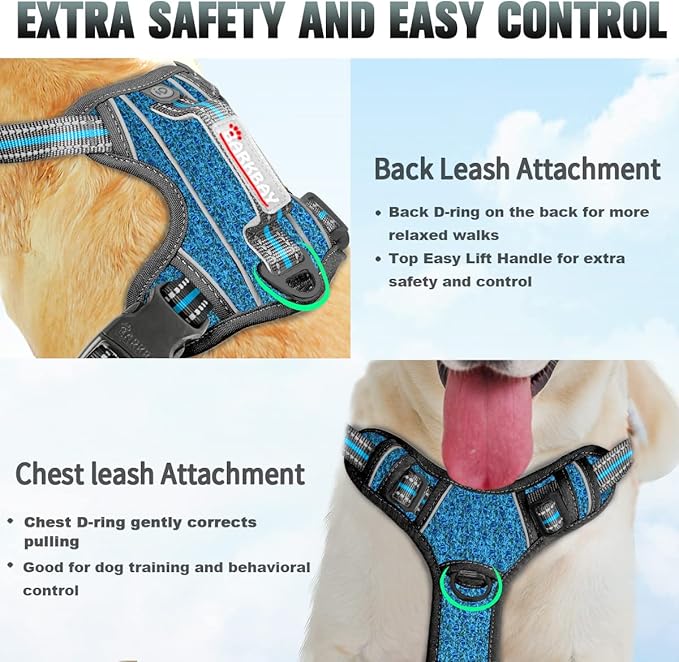 BARKBAY No Pull Dog Harness Large Step in Reflective Dog Harness with Front Clip and Easy Control Handle for Walking Training Running with ID tag Pocket(Blue/Black