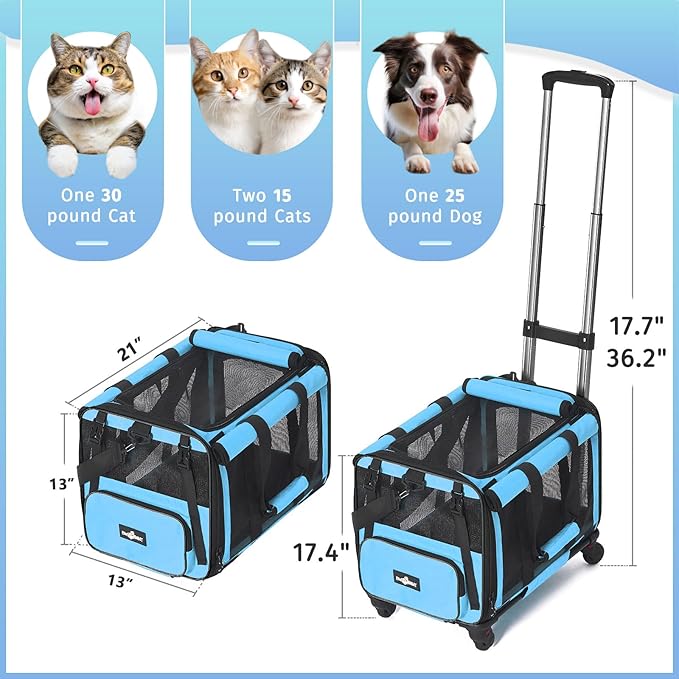 Large Cat Carrier with Wheels 2 Cats 30 lbs,
