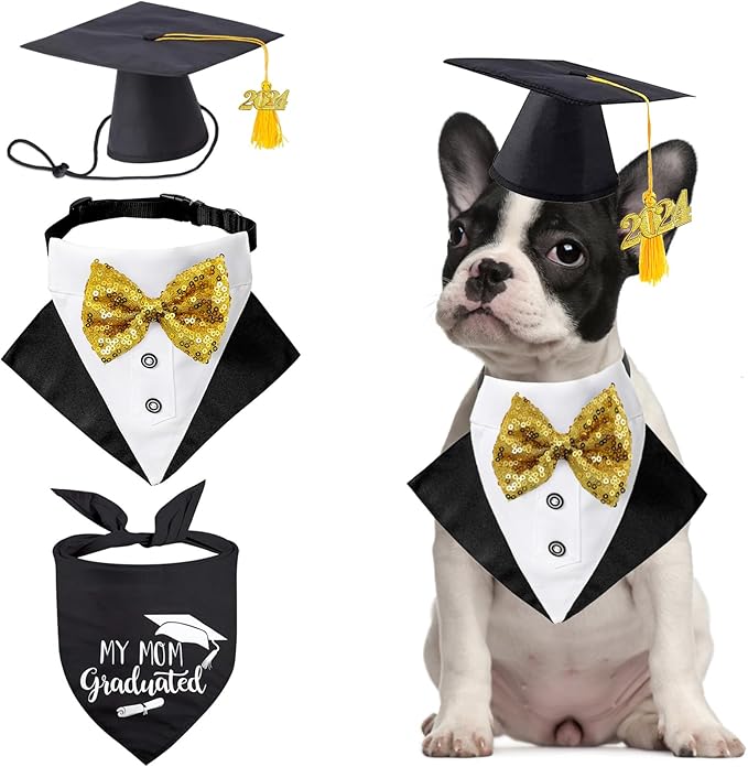 Pet Graduation Cap Dog Bandanas Collar Costume 3Pack Graduation Hat Triangle Scarf Grad Outfit Accessory for Dogs Cat Formal Tux Clothes with Bowtie Holiday Party Apparel (3PCS Gard Tux Set