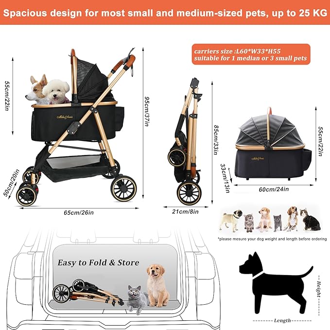 MILA&LOUIS 3 in 1 Folding Pet Stroller 4 Wheels 30lbs, Dog/Cat
