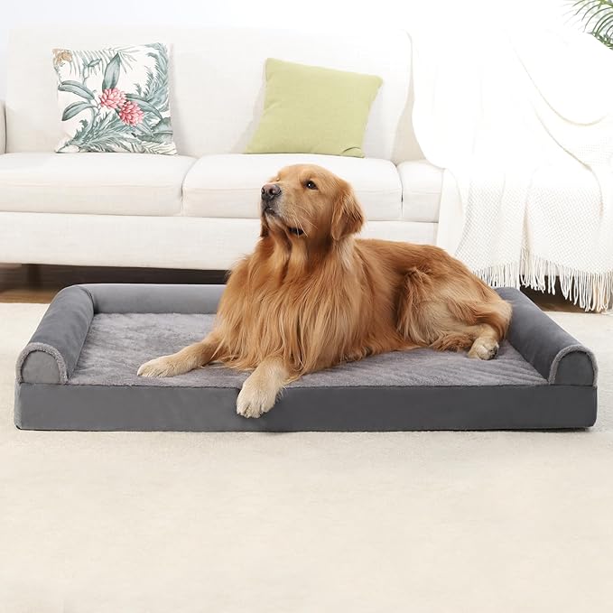 Orthopedic Dog Bed Large Breed Waterproof Dog Bed Washable Dog Couch Egg Foam Dog Crate Bed with Removable Bolsters & Nonslip Bottom 53" x 36" x 8.5", Grey