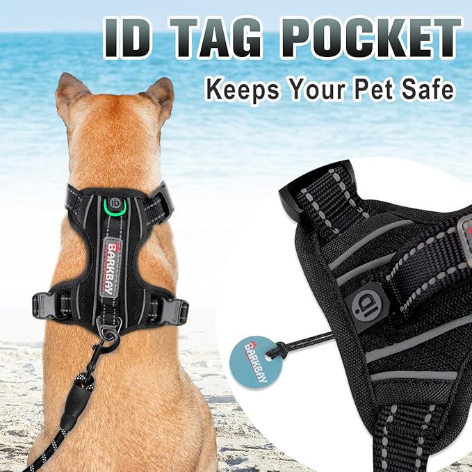 BARKBAY No Pull Dog Harness 3 Buckles Large Step in Reflective Dog Harness with Front Clip and Easy Control Handle for Walking Training Running with ID tag Pocket(Black