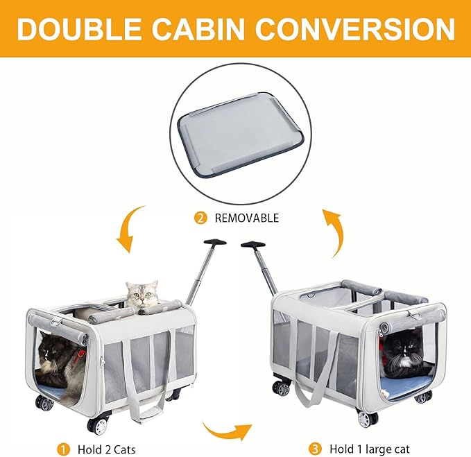 Rolling Cat Carrier for Two Cats with Wheels 2 Large 2 Cats 21" x 17" x 13",Not Airline