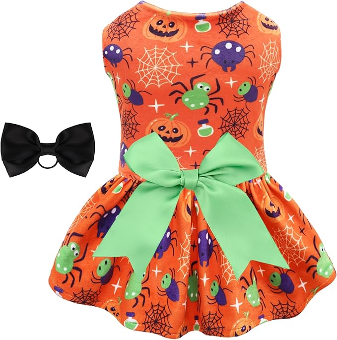 CuteBone Halloween Dog Dresses Velvet Holiday Small Dogs Clothes Onesie Pet Apparel Girl Puppy Skirt with Bow Hair Rope CVA47L