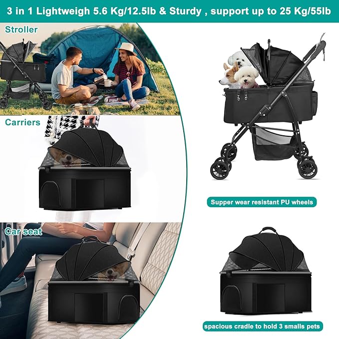 MILA&LOUIS Foldable Dog Stroller 4 Wheels 3 in 1 Folding 30lbs